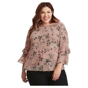 Pre-Owned Torrid Size 5X Floral Print Chiffon Ruffle Bell Sleeve Strappy Blouse